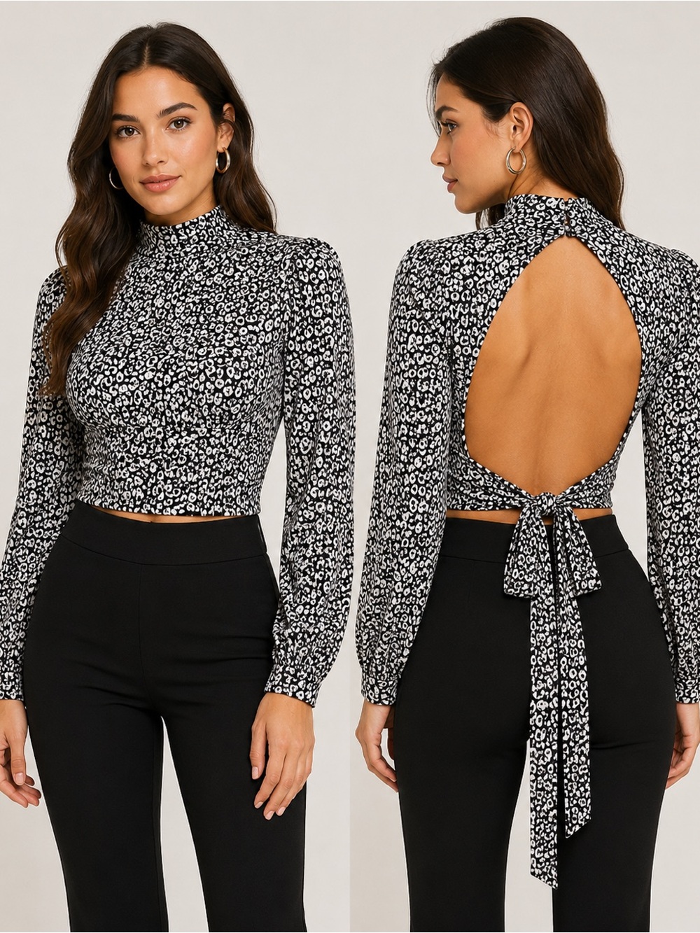 L'Academie Black & White Leopard-Print Open-Back Crop Top